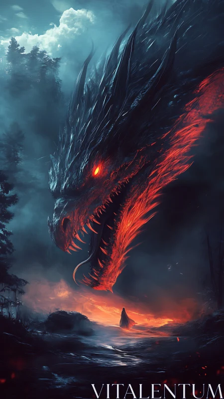 Enormous fire dragon looms above lone cloaked wanderer.