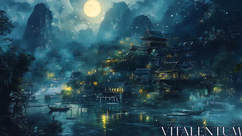 Moonlit riverside village with tiered temples and boats.