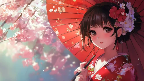 Kimono girl holds red parasol under soft cherry blossoms