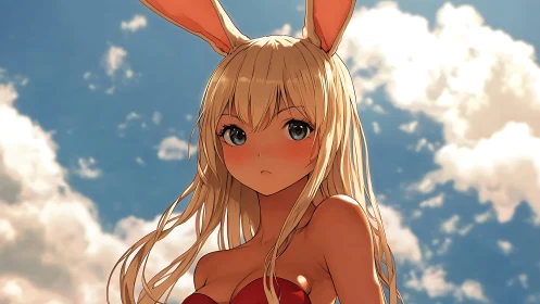 Blonde bunny girl under vivid blue sky with soft clouds.