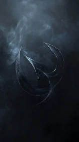 Curved metallic emblem suspended in dark smoky field.