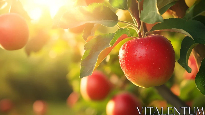 Photorealistic orchard close-up of ripe sunlit apples on branch.