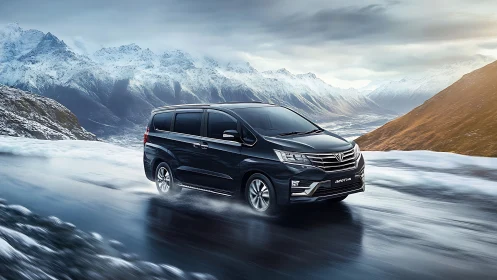 Black minivan travels on icy mountain road in winter setting