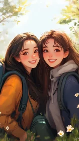 Warm anime portrait of two smiling backpacked friends.