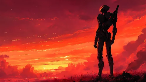 Lone chrome sentinel measures the horizon in molten sunset light
