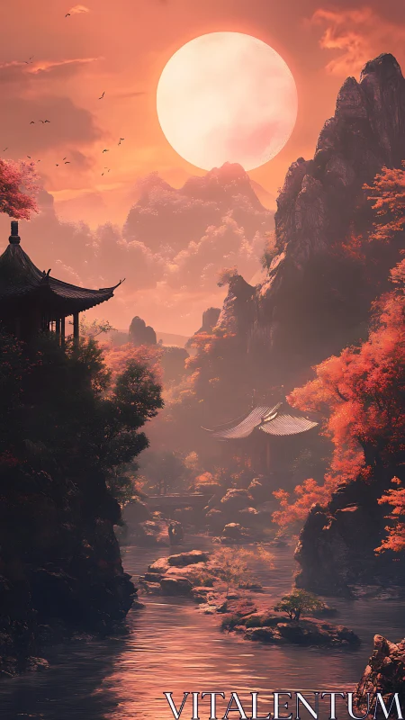 Gentle sunset moon glows over tranquil red autumn valley