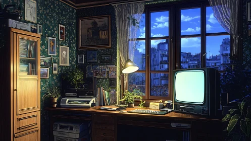 Interior workspace with vintage electronics and window view