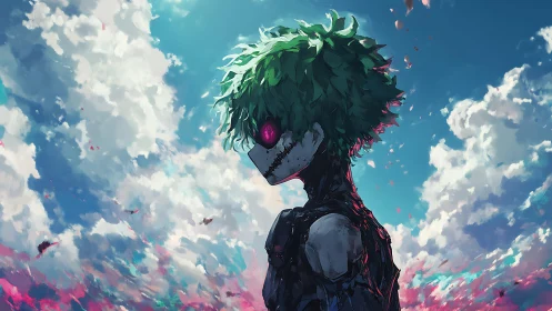 Cyborg boy silhouette cuts sky with neon storm clouds.