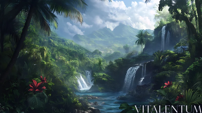 Lush tropical jungle valley with cascading twin waterfalls.