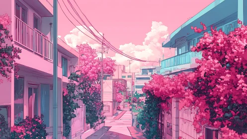 Quiet residential street in pink-toned digital cityscape.