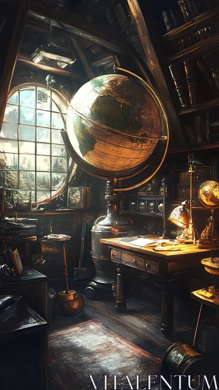 Vintage globed study in sunlit attic observatory.