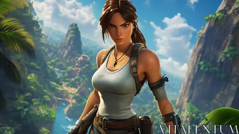 Armored jungle explorer in high-fidelity 3D adventure render.