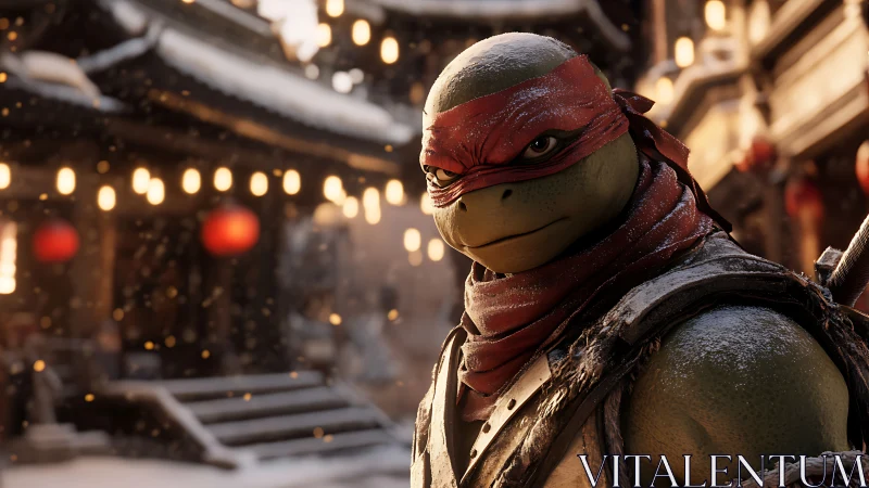 Snow-dusted humanoid turtle warrior in lantern-lit alleyway