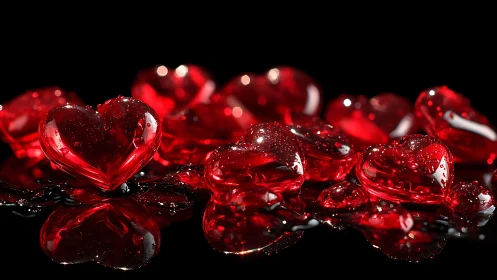 Red Glass Hearts on Dark Background.