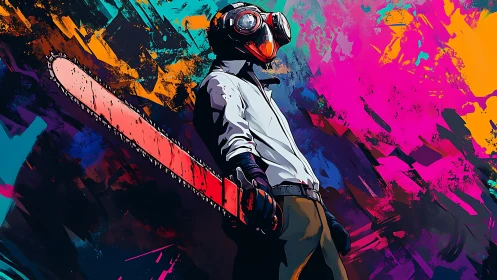 Chainsaw wielder in gas mask amid neon abstract splashes