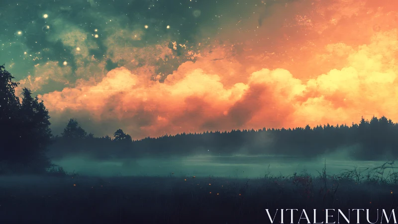 Moody forest horizon under glowing clouds and stars.