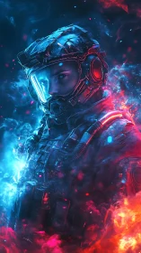 Futuristic space soldier stands amid blue and red nebula fire