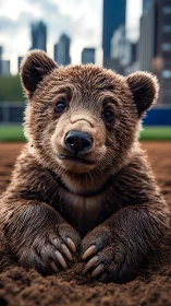 Curious bear cub resting on dirt in modern cityscape.