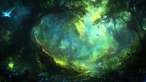Mystical Forest Cavern with Bioluminescent Light and Flying Creatures.