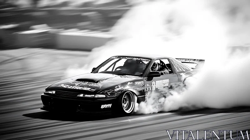 Drift car sliding through smoke on a racetrack in motion.