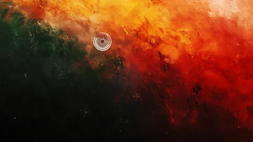Indian tricolor abstract swirls around central Ashoka Chakra.