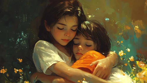 Two figures embrace surrounded by luminous golden and teal flowers.