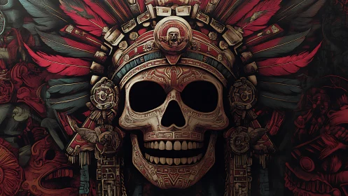 Aztec skull totem with ornate feathered headdress rendered.