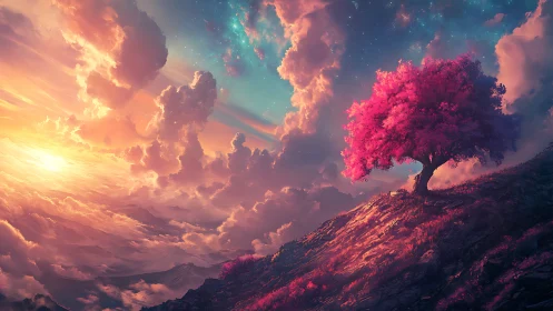 Solitary pink tree on glowing hillside under vivid sky.