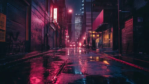 Neon rain alleyway humming with midnight electric solitude.