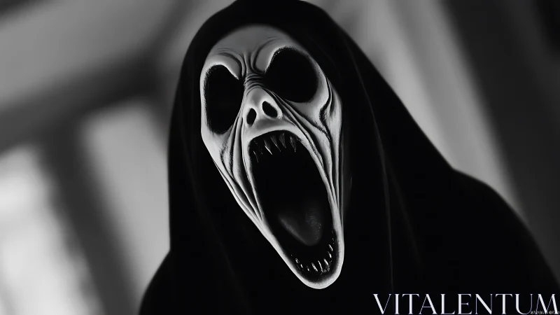 Monochrome spectral entity with hyper-elongated scream mask.