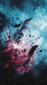 Shattered geometric shards erupt through neon storm cloud.