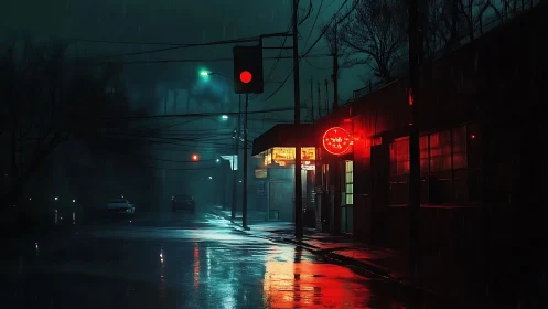 Rainy urban street with neon signage and traffic signal at night.
