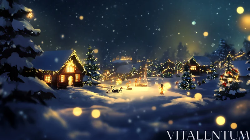Snow-covered alpine village with glowing Christmas cabin lights