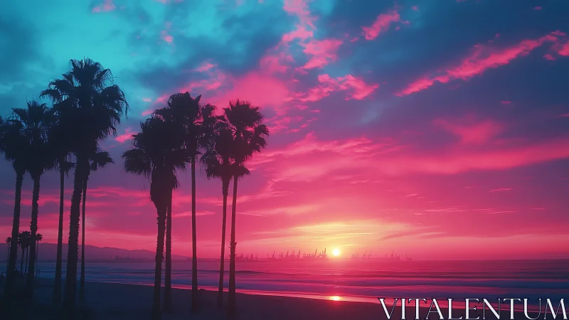 Neon dusk over palm-lined shore in vibrant magenta sky.
