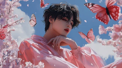 Androgynous figure in pink with butterflies and blossoms.