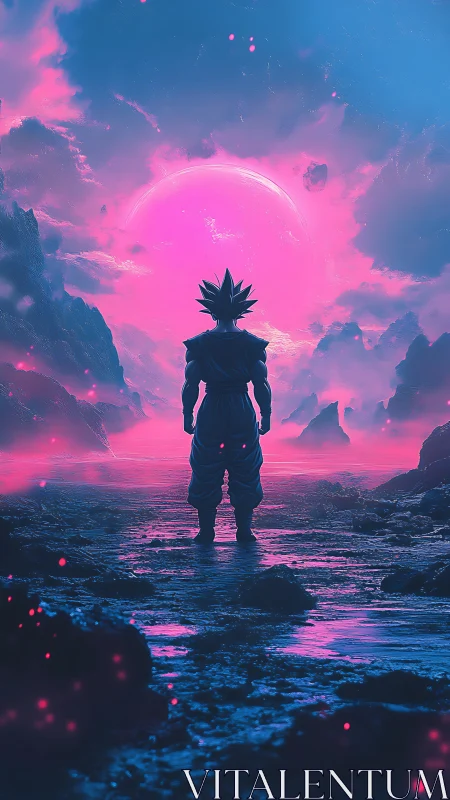 Saiyan warrior faces neon cosmic horizon in silence.