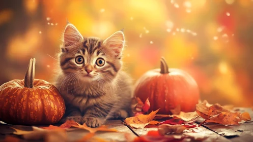 Autumn Kitten Surrounded by Pumpkins and Fall Foliage with Warm Bokeh
