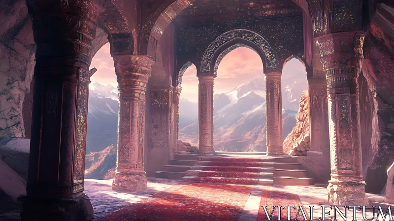 Sunlit carved stone terrace overlooks distant snowy mountains