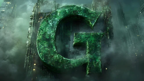 Giant Green Stone G in Futuristic Misty Cityscape, Digital Art.