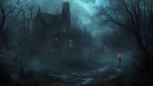 Foggy forest path leading to two dimly lit old houses.