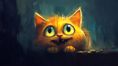 Wide eyed orange cat in stylized digital painting portrait.