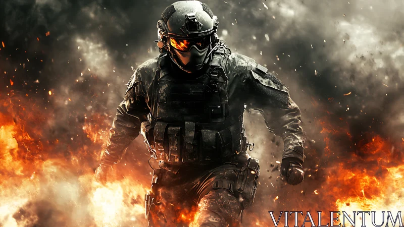 Armored soldier sprinting through explosive battlefield inferno.