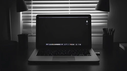 Quiet laptop glow in a calm monochrome home workspace.