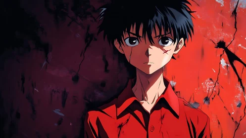 Anime portrait against distressed red concrete wall surface.