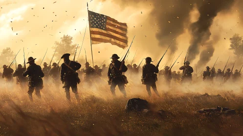 American infantry advances through smoky battlefield at dusk.