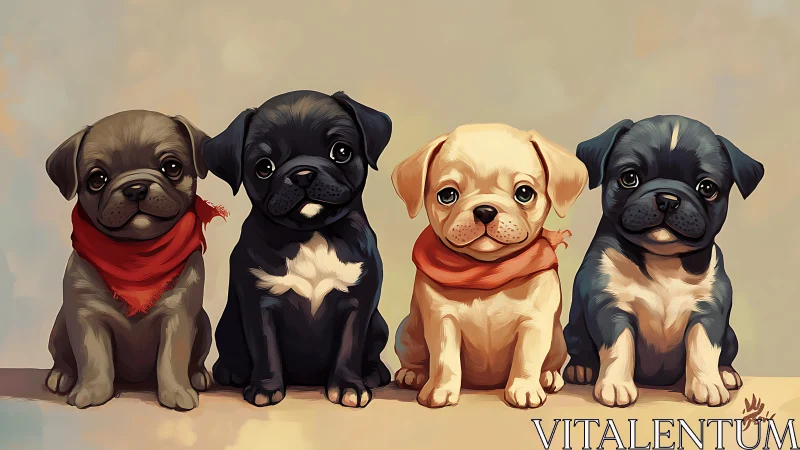 Four stylized pug puppies in line with red bandanas, soft light