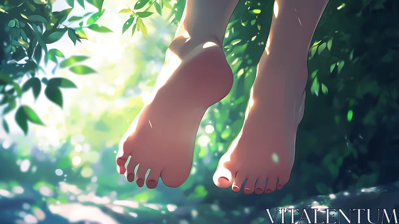 Bare human feet suspended above foliage in diffused light.