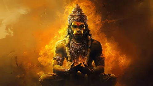 Simian-headed deity figure sits meditating amid intense flames