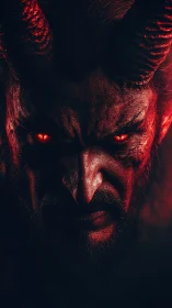 Demonic horned portrait radiates intense infernal stare