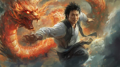 Skyborne martial hero racing beside a blazing fire dragon.